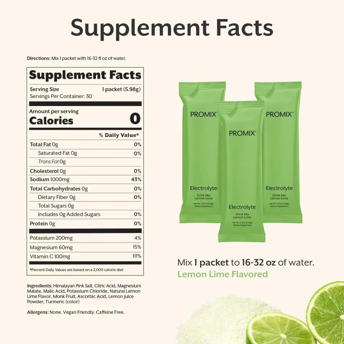 ProMix Nutrition Electrolytes Powder Hydration Packets - Himalayan Pink Salt, Magnesium, Potassium, Vitamin C - Lemon Lime, Lightly Sweetened ProMix Nutrition