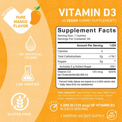 PUREFINITY Vitamin D3 5000 iu Gummies – Your Daily Vitamin D Supplement for Bone Health, Immune Health, and Joint Muscle Support for Adults & Kids – Gluten Free, Non-GMO – 60 Veggie Gummies