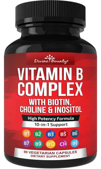 Divine Bounty Super B Complex Vitamins - All B Vitamins Including B12, B1, B2, B3, B5, B6, B7, B9, Folic Acid - Vitamin B Supplement Divine Bounty