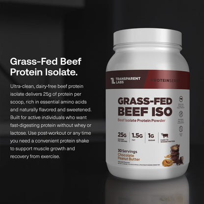 Transparent Labs Grass-Fed Beef Isolate Protein Powder – Naturally Flavored, Dairy-Free Protein with 25g of Protein per Serving for Increased Recovery & Strength - 30 Servings, Chocolate Peanut Butter