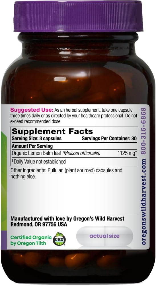 Oregon's Wild Harvest, Certified Organic Lemon Balm, Herbal Supplement Vegan Supplement, 1125 MGS, 90 Count… Gsupps Australia