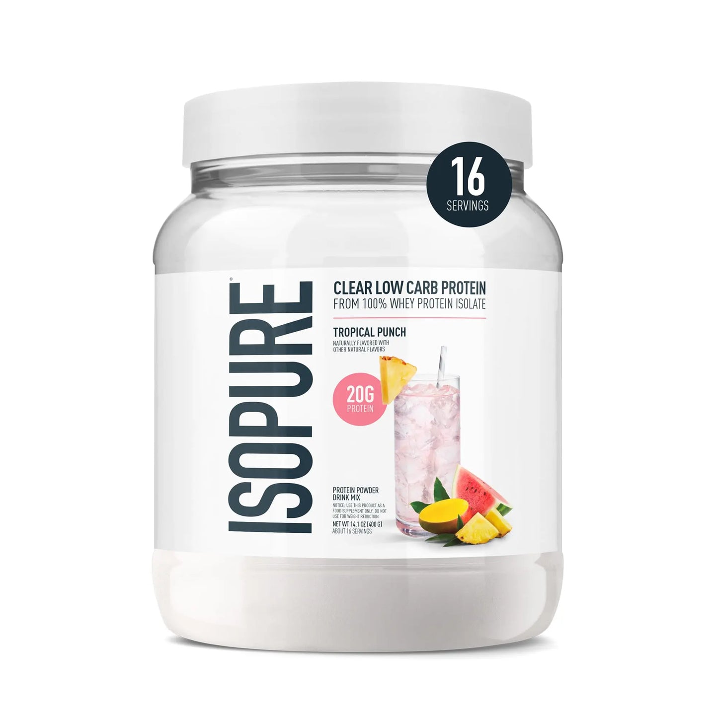 Isopure Clear Whey Isolate Protein Powder, Lactose Free, Gluten Free, Naturally Flavored, Tropical Punch, 20g Protein Per Serving, 14.1 Oz, 16 Servings (Packaging May Vary) Isopure