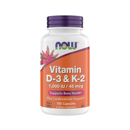 Now Supplements Vitamin D3 K2, 1,000 IU/45 mcg, Cardiovascular Support, Supports Bone Health, 180 Vegetarian Capsules NOW Foods