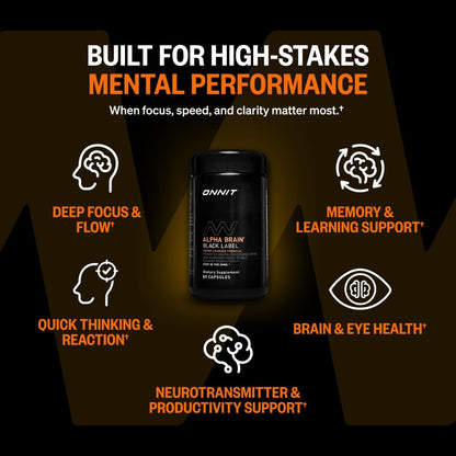 ONNIT Alpha Brain Black Label Capsules, IGEN Non-GMO Tested Citicoline Brain Supplement for Concentration and Memory, Lion’s Mane, Lutemax Lutein, L Theanine and Mucuna Pruriens, 80 Count