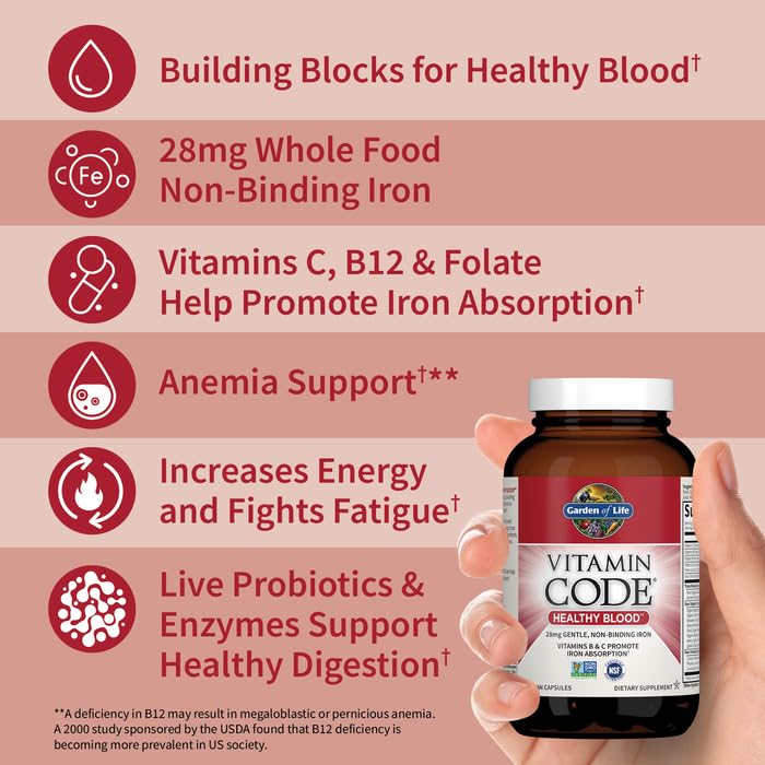 Garden of Life Vitamin Code Healthy Blood - Iron Supplement for Women, 60 Vegan Capsules, with Vitamins B, C, Trace Minerals Garden of Life