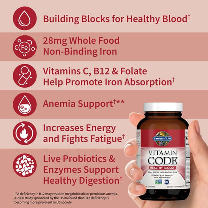 Garden of Life Vitamin Code Healthy Blood - Iron Supplement for Women, 60 Vegan Capsules, with Vitamins B, C, Trace Minerals Garden of Life
