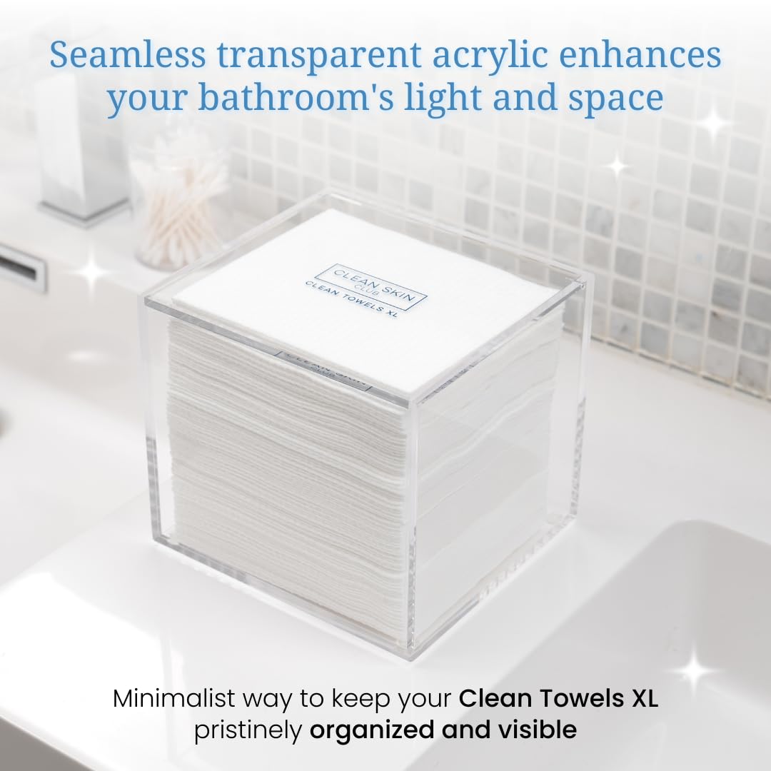 CLEAN SKIN CLUB Clear Acrylic Box for Clean Towels XL (NOT Included), Container For 50 Disposable Clean Towels XL, Face Towelettes Bathroom Counter Storage, Bin for Cleansing Facial Dry Wipes CLEAN SKIN CLUB