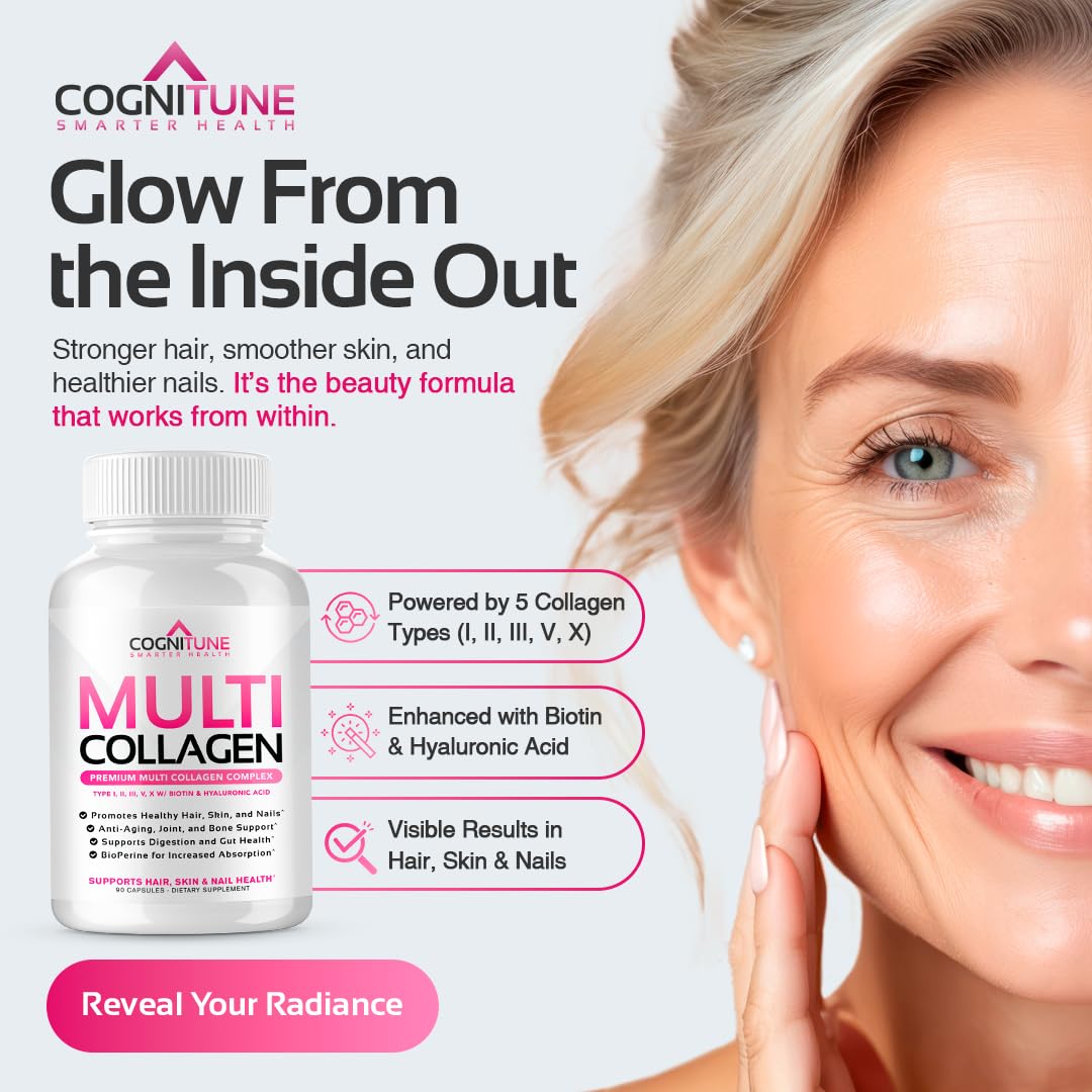 CogniTune Multi Collagen Peptides for Women with Biotin, Hyaluronic Acid, Vitamin C - 5 Types I II III V X Colageno Hidrolizado - 2000mg Hair Skin Nails Joints Support - 120 Capsules CogniTune buy australia supplements