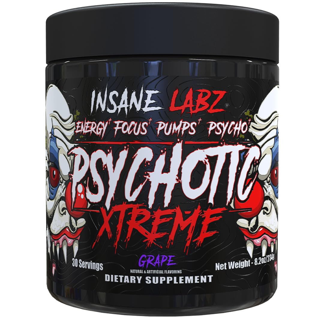 Insane Labz Psychotic Xtreme, High Stimulant Pre Workout Powder, Extreme Lasting Energy, Focus and Endurance with Beta Alanine, Panax Ginseng, Theobromine, DMAE (30 Servings, Fruit Punch)
