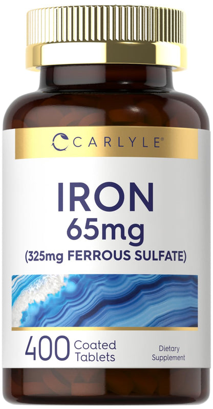Carlyle Iron Ferrous Sulfate 325mg, 65 mg | 400 Tablets | Non-GMO, Gluten Free, and Vegetarian Supplement | High Potency Carlyle