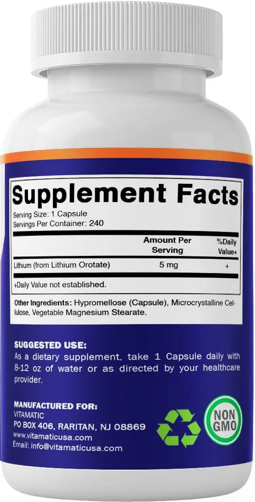 Vitamatic Lithium Orotate 5mg, 240 Veggie Capsules, Non-GMO, Gluten Free. Vitamatic
