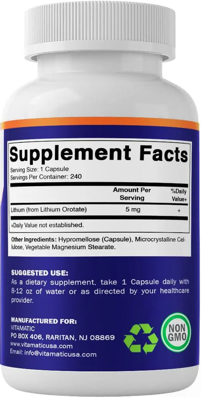 Vitamatic Lithium Orotate 5mg, 240 Veggie Capsules, Non-GMO, Gluten Free. Vitamatic