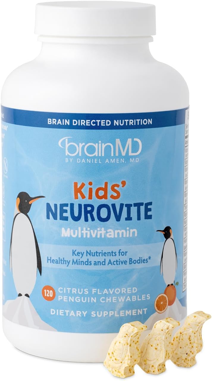 BRAINMD Dr Amen Kids’ NeuroVite, Orange Flavor - 120 Penguin-Shaped Chewables - Multivitamin & Mineral Supplement - Promotes Healthy Development & Growth - Gluten Free - 60 Servings
