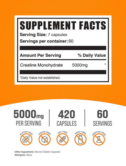 BulkSupplements.com Creatine Monohydrate Capsules - Micronized Creatine Pills - Gluten Free, 7 Capsules per Serving BulkSupplements