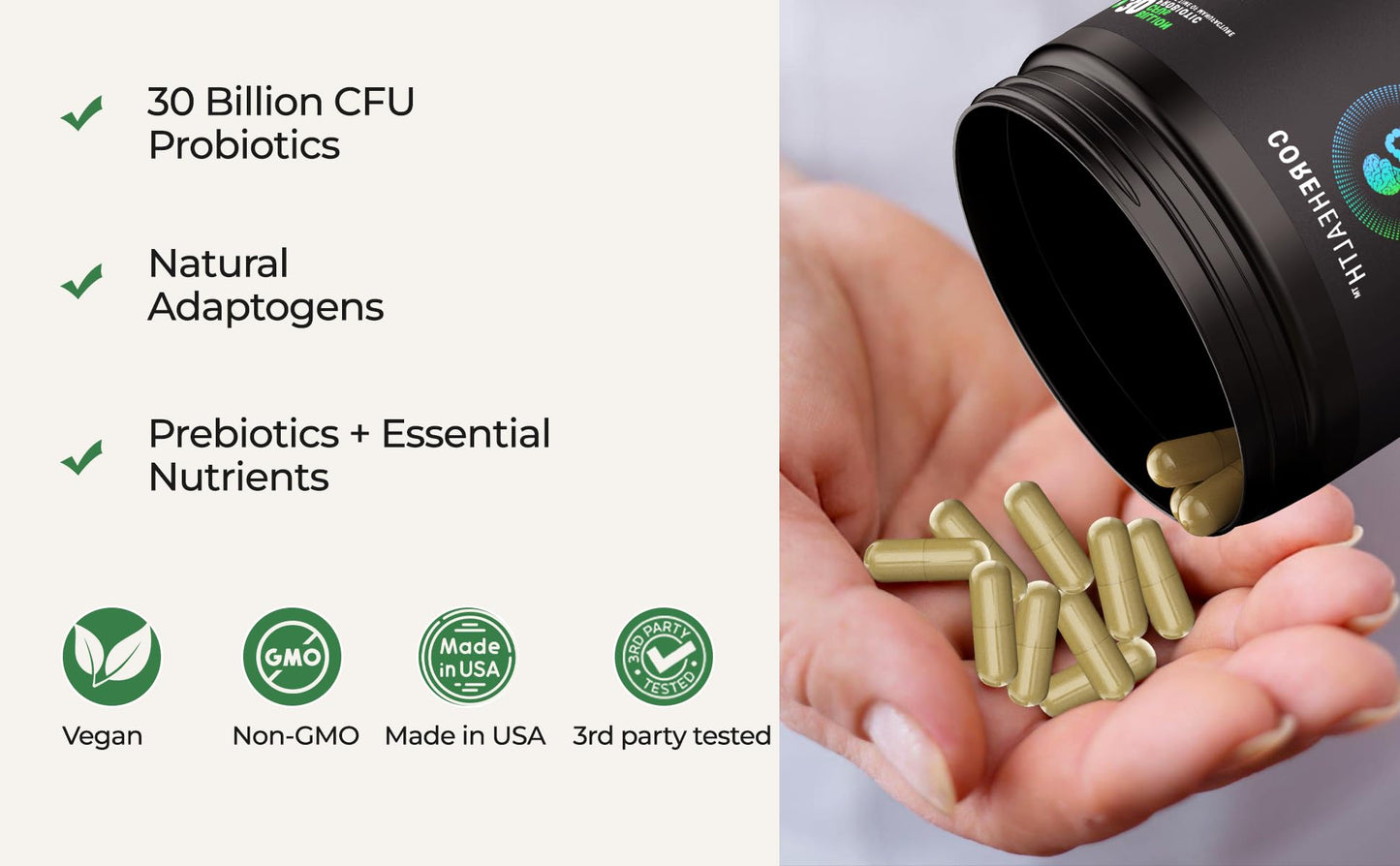 Gut-Brain Synergy Probiotic & Nootropic – 30Billion CFU Psychobiotic + Prebiotic with Ashwagandha, L-Theanine & Zinc for Gut Health, Mood Support, Stress Relief, Bloating Relief & Brain Focus & Memory COREHEALTH