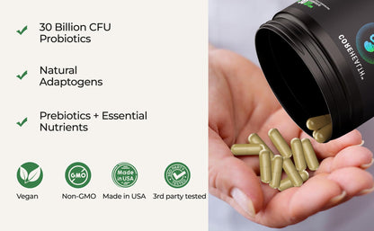 Gut-Brain Synergy Probiotic & Nootropic – 30Billion CFU Psychobiotic + Prebiotic with Ashwagandha, L-Theanine & Zinc for Gut Health, Mood Support, Stress Relief, Bloating Relief & Brain Focus & Memory COREHEALTH