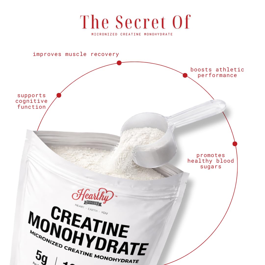 HEARTHY FOODS Creatine Monohydrate Micronized Powder 500G - 100 Servings, 5000mg Per Serving (5g) - for Men & Women Muscle Growth HEARTHY FOODS