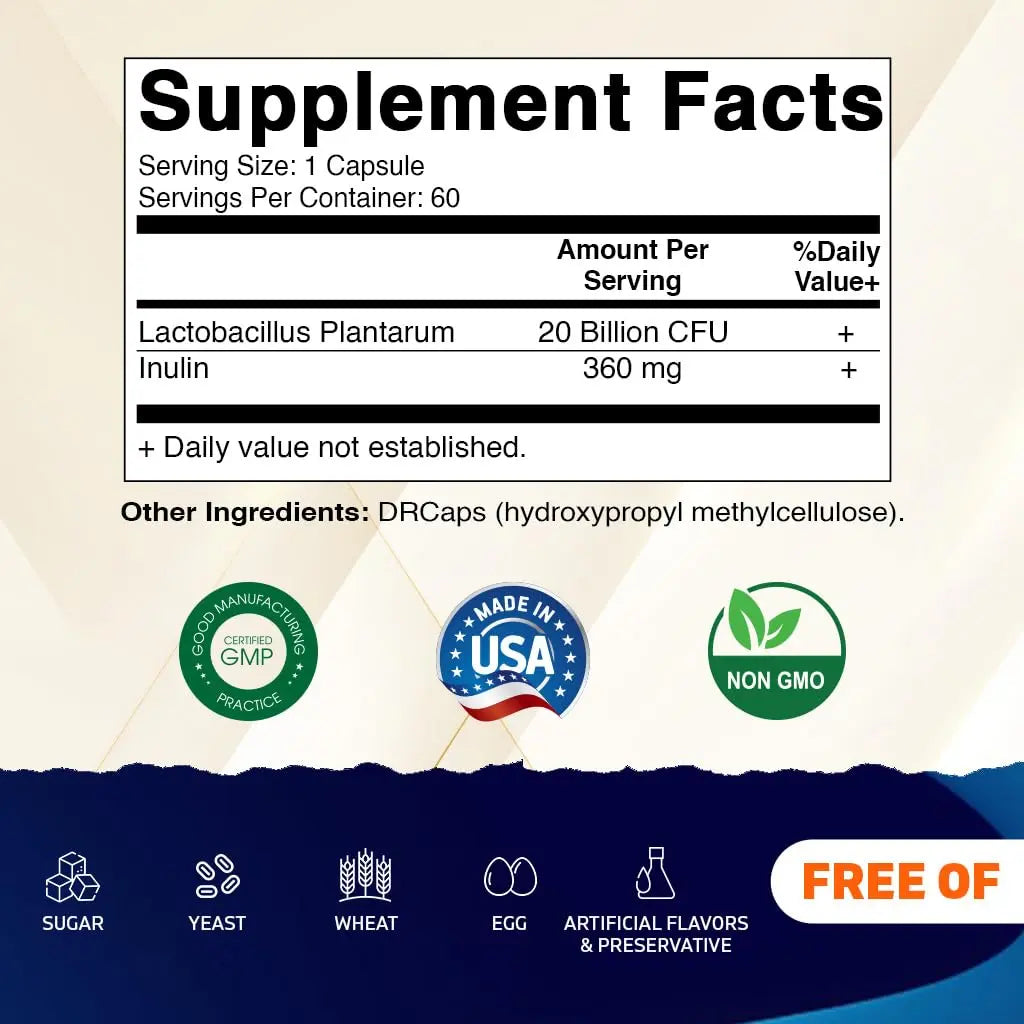 Vitamatic Lactobacillus Plantarum - 20 Billion per DR Capsule - 60 Count - Digestive Support - Made with Prebiotic Inulin Fiber Vitamatic