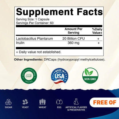 Vitamatic Lactobacillus Plantarum - 20 Billion per DR Capsule - 60 Count - Digestive Support - Made with Prebiotic Inulin Fiber Vitamatic