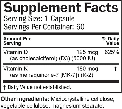 BRAINMD Vitamin D3 + K2, 60 Capsules - Synergistic Support for Healthy Bones & Cognition - Gluten Free - 60 Servings