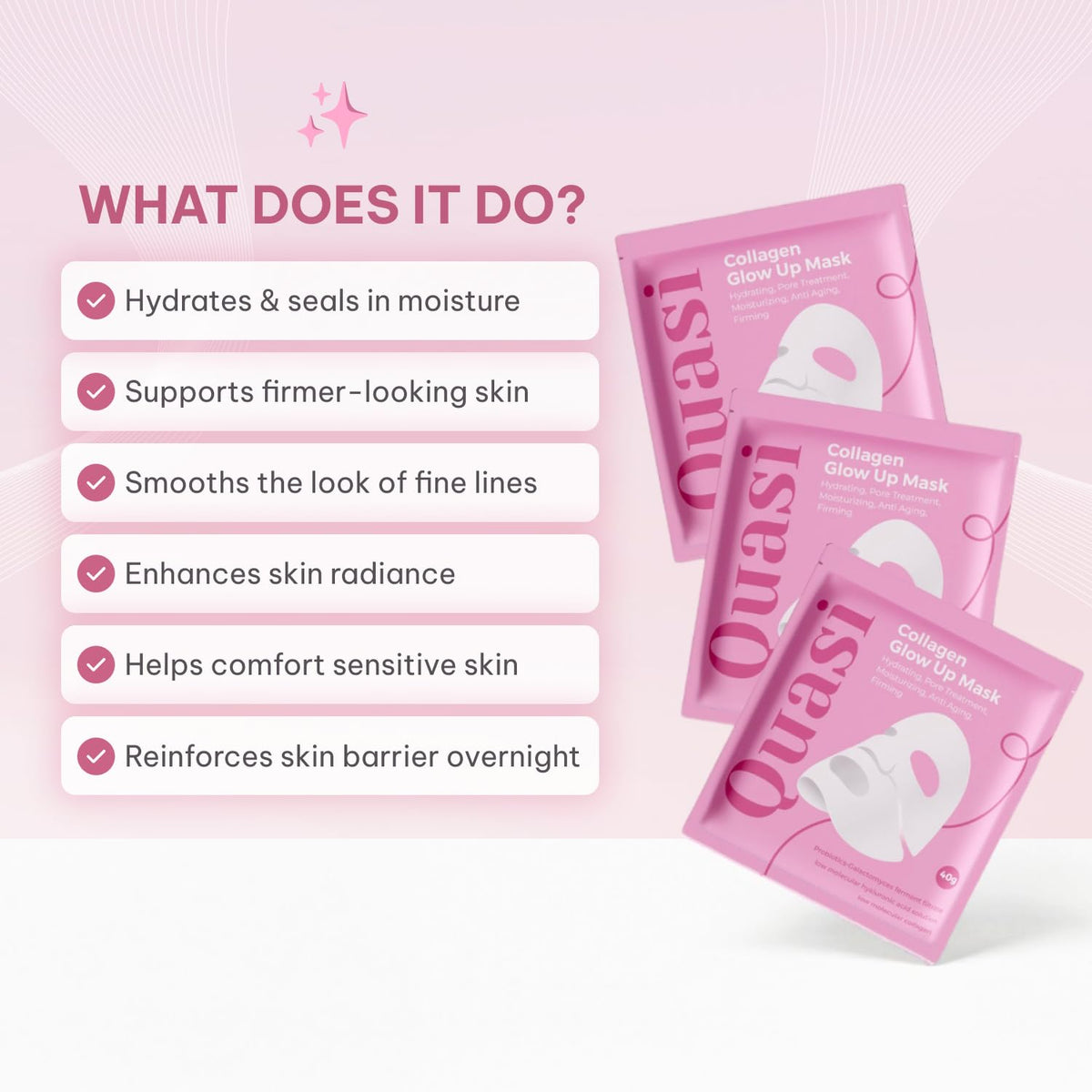 Quasi Bio-Collagen Face Mask Overnight – Hydrating Korean Sheet Mask – Niacinamide & Low Molecular Collagen – Firming & Smoothing Skincare for All Skin Types – 4 Masks Quasi