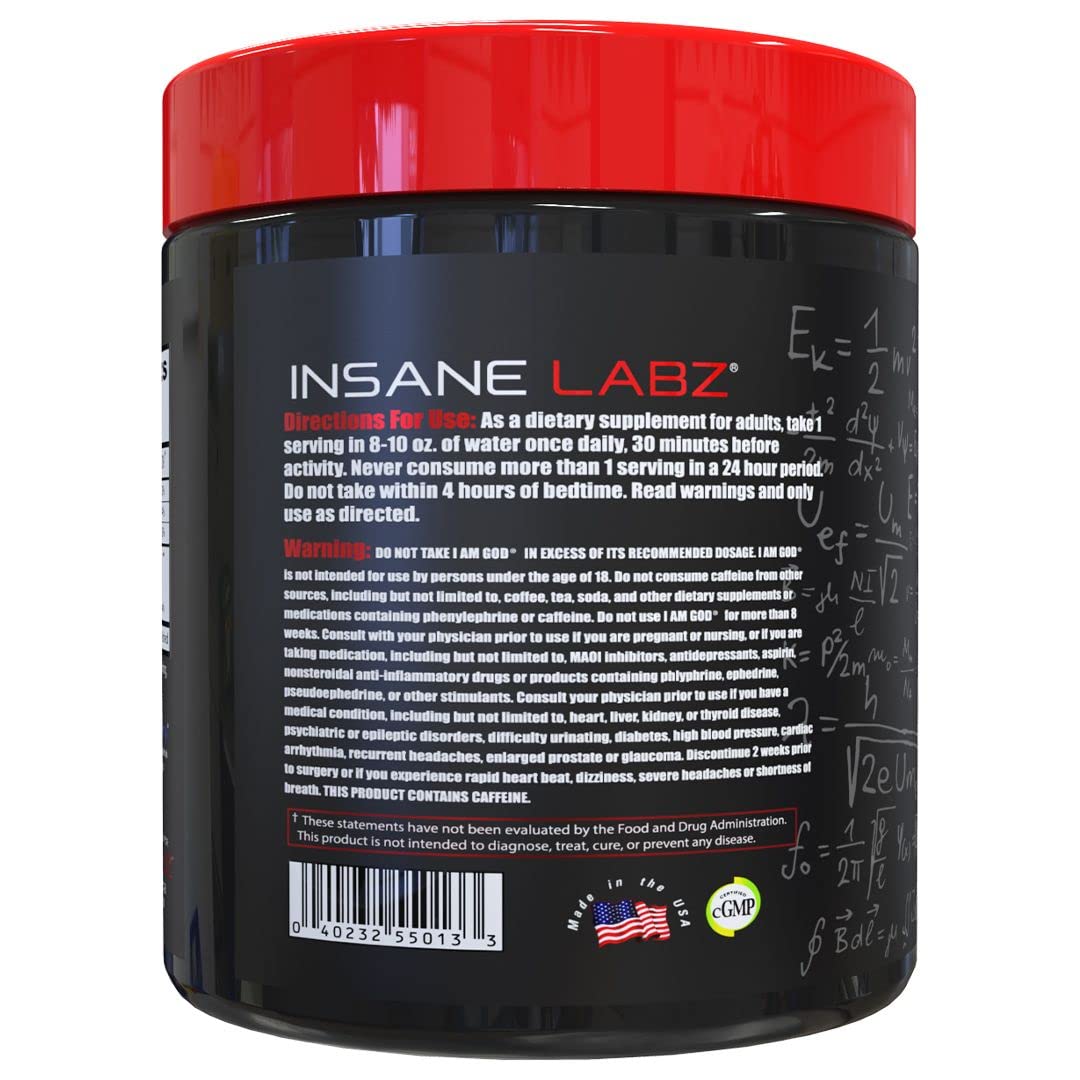 Insane Labz I am God Pre Workout, High Stim Pre Workout Powder Loaded with Creatine and DMAE Bitartrate Fueled by AMPiberry, Energy Focus Endurance Muscle Growth,25 Srvgs,Drink Ye All of It