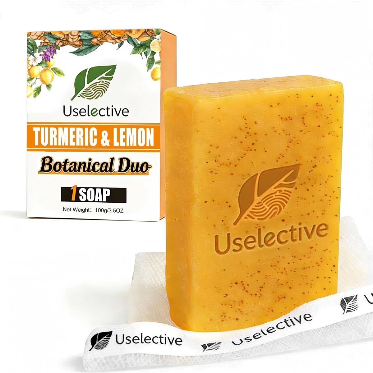 Uselective Lemon & Turmeric Soap Bar for Dark Spots, Powered by Kojic Acid & Vitamin C - Deeply Moisturizing with Amino Acids & Shea Butter - SLS Free for Face/Body Uselective