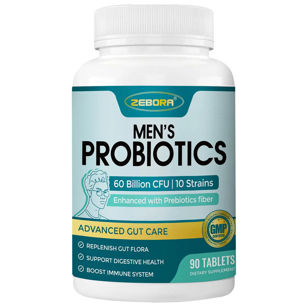 ZEBORA Probiotics for Men and Prebiotics for Digestive Health, 90 Tablets, 60 Billion CFUs for Immune and Gut Health, 10 Strains, Hypoallergenic Probiotics, ZEBORA