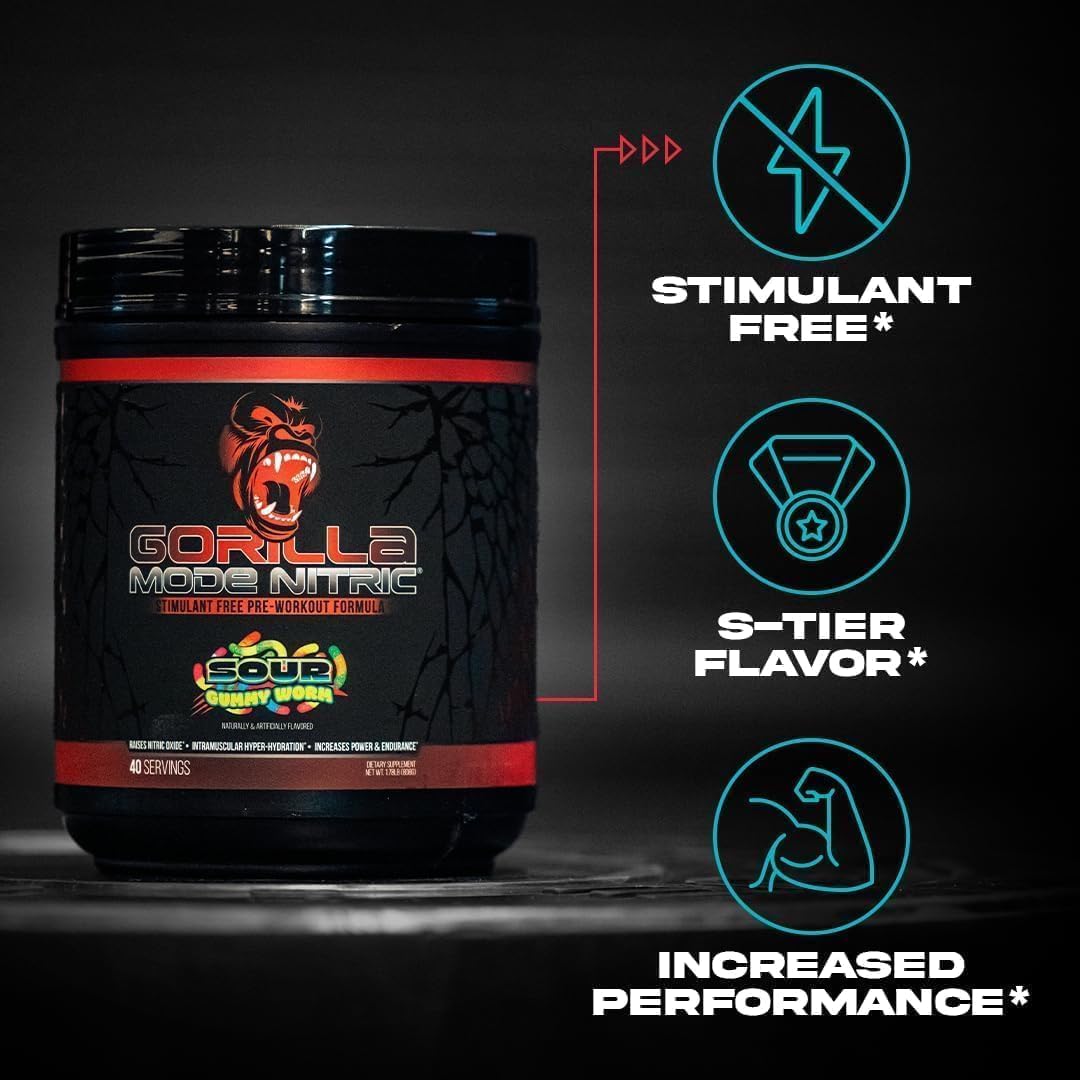 Gorilla Mode Nitric Upgraded Stimulant Free Pre-Workout – Best Tasting and Most Effective Stimulant Free Pre-Workout/Massive Pumps · Vasodilation · Power / 776 Grams (Cherry Blackout)