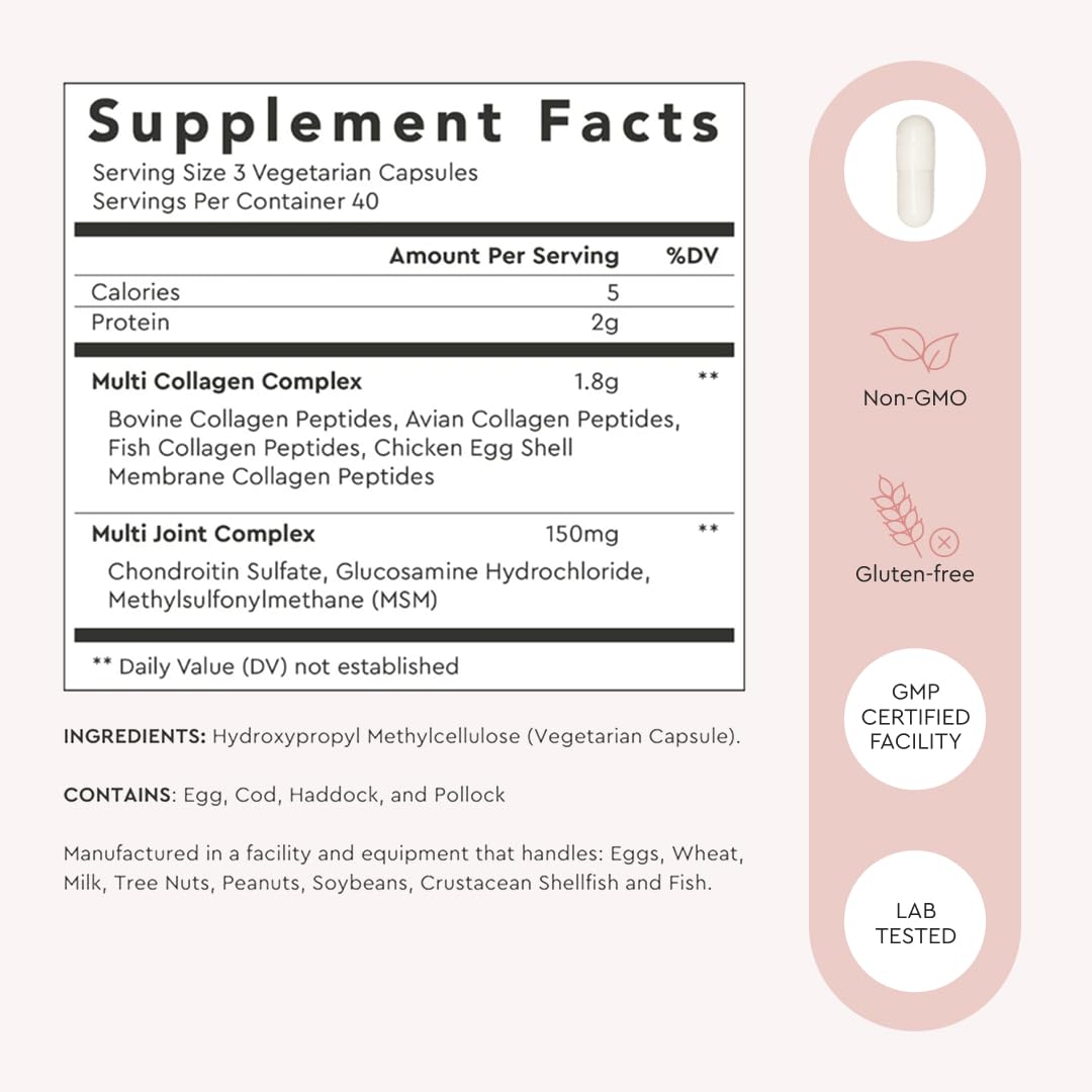 Alaya Naturals Hydrolyzed Multi Collagen Peptides Protein Capsules - Type I, II, III, V, X Grass-Fed Bovine, Chicken, Marine Collagen Supplement with MSM Alaya Naturals