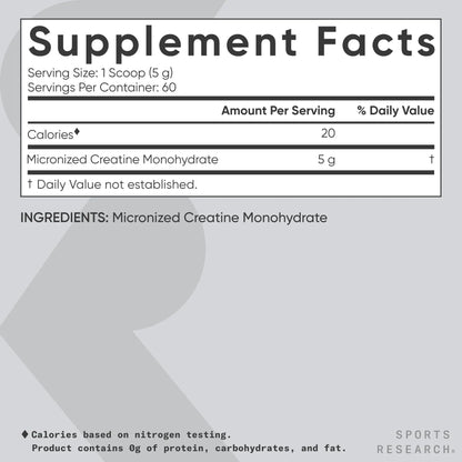 Sports Research Creatine Monohydrate - Gain Lean Muscle, Improve Performance and Strength and Support Workout Recovery - 5 g Micronized Creatine - 10.58 oz Sports Research