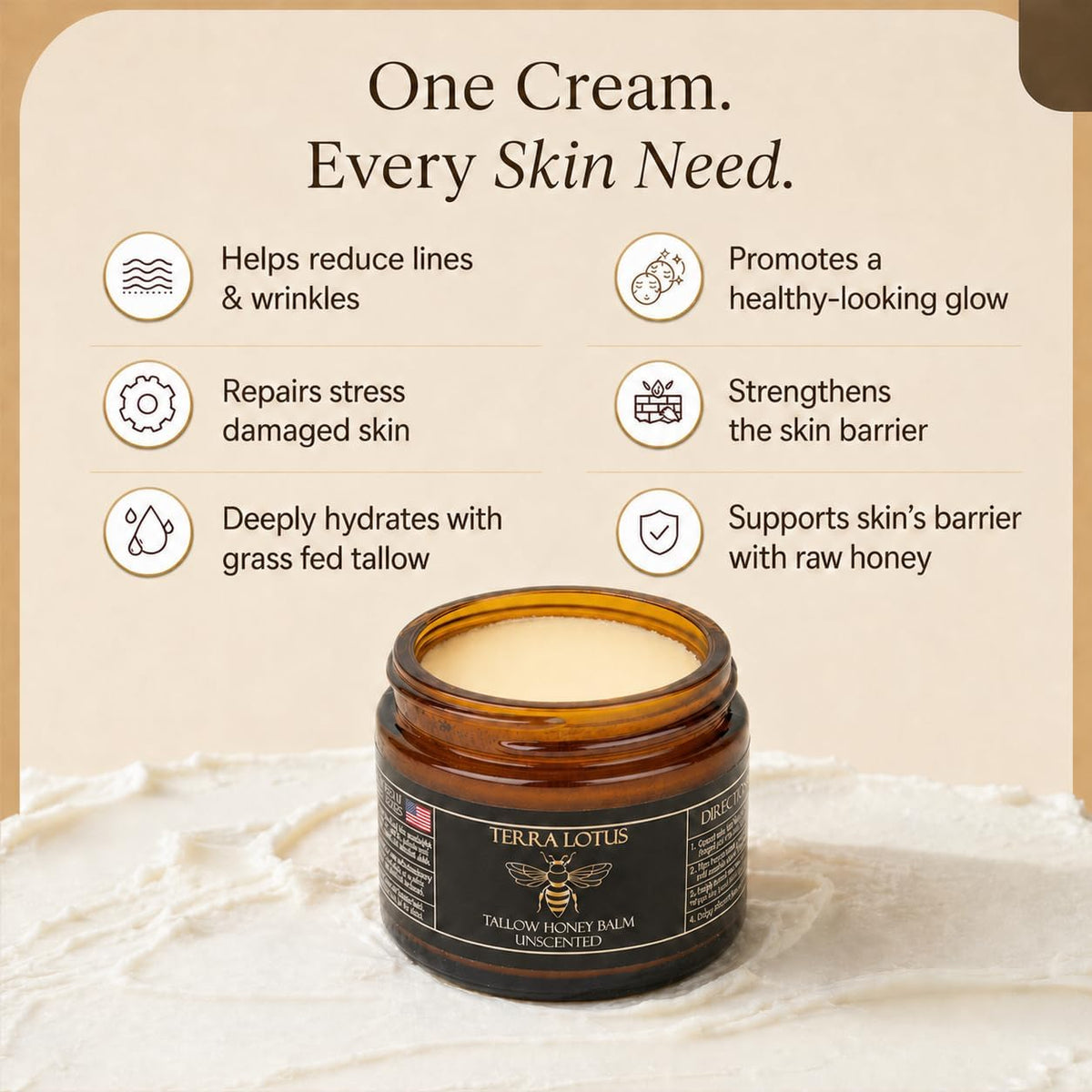 Terra Lotus - Organic Grass-Fed Beef Tallow Balm with Raw Honey - Moisturizing Cream - Handmade All-Natural Moisturizer (2 Oz, Unscented) Terra Lotus