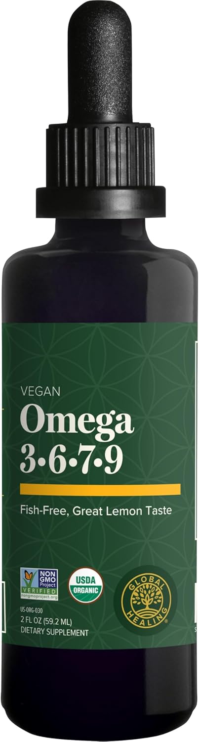 Global Healing Organic Omega 3 6 9 and 7 (Seaberry CO2 Extract) - Fish-Free, Non-GMO Omega 3 Supplement for Women & Men, Contains Perilla Seed & Flaxseed Oil - Fish Oil Alternative - 2 Fl Oz