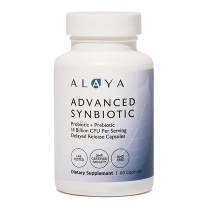 Alaya Naturals Advanced Synbiotic - Probiotic + Prebiotic - 14 Billion CFU Delayed Release Probiotic Supplement with Prebiotics from Sunfiber®, and L-glutamine for Gut Lining Integrity - 60 Capsules Alaya Naturals