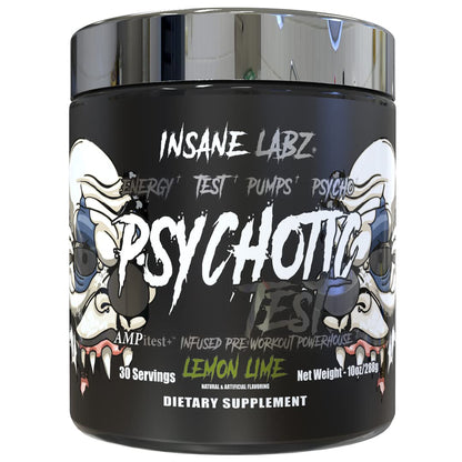 Insane Labz Psychotic Test, High Stim Testosterone Energy and Pump Boosting Pre-Workout Powder with DMAE Bitartrate, D Aspartic Acid, Creatine HCL and Glycerol Monostearate, 30 Servings (Lemon-Lime)