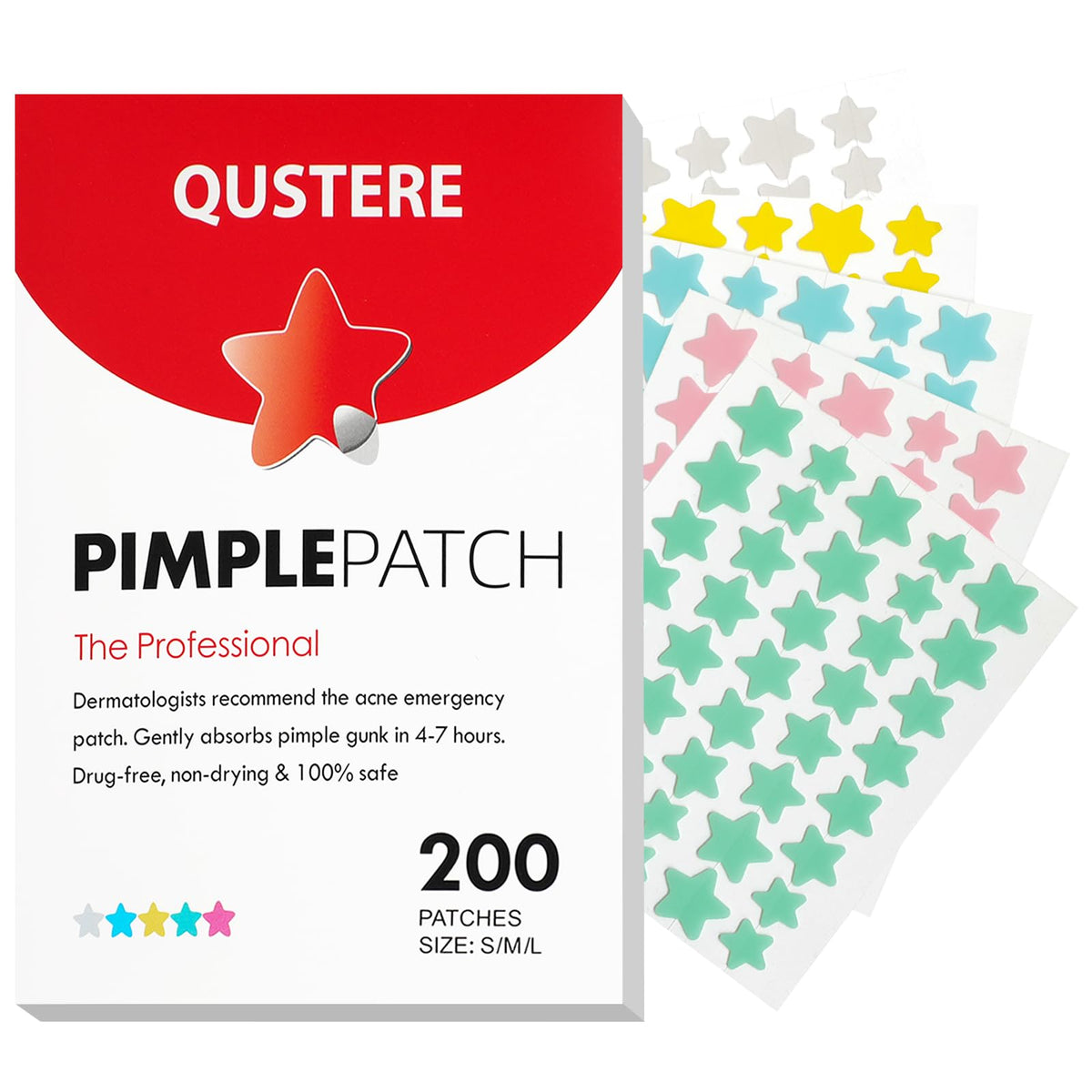 QUSTERE Pimple Patches for Face, Hydrocolloid Acne Patches, Cute Star Zit Covers, Colorful Spot Stickers with Tea Tree, Salicylic Acid & Cica Oil| 3 Sizes (10mm, 12mm & 14mm) |200 Count QUSTERE