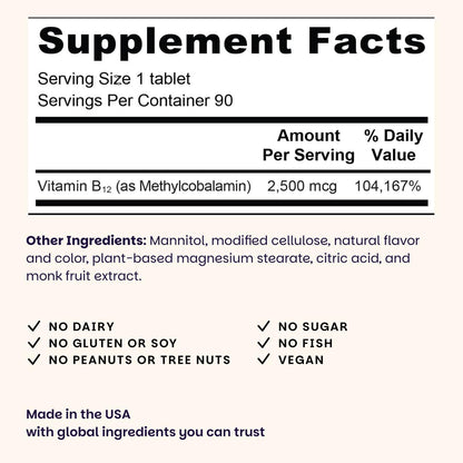 EZ Melts Dissolvable B12 2,500 mcg - Vitamin B12 for Energy & Immune Support - Non-GMO, Vegan & Gluten-Free EZ Melts