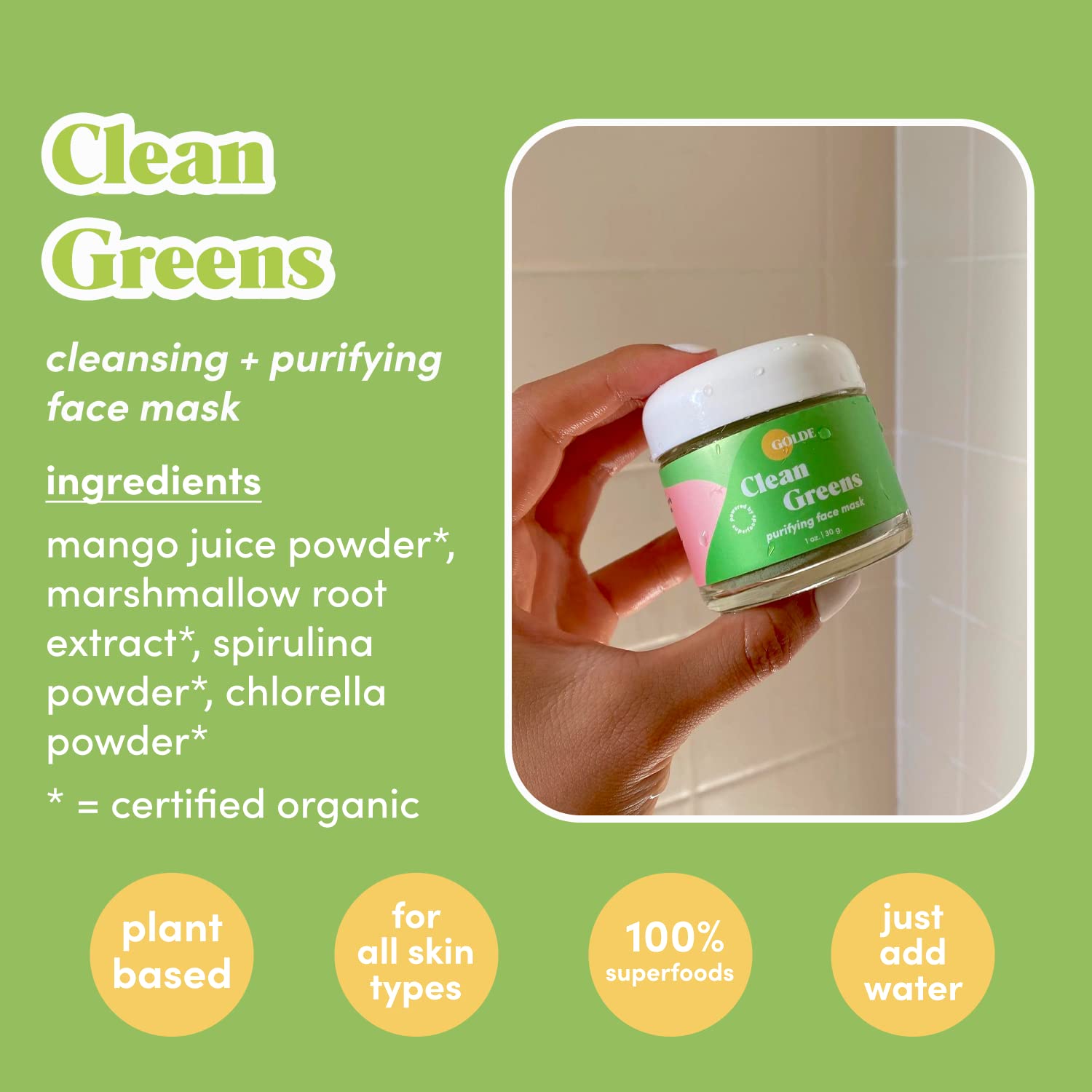 GOLDE - Clean Greens Superfood Face Mask - Made w/Chlorella & Spirulina - Great for Acne Prone, Oily & Dry Skin, Hydrating - Gentle Cleanser - Vegan - Aluminum-Free - 30g Jar GOLDE buy australia supplements