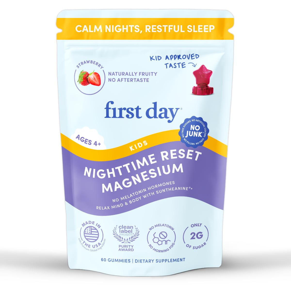 FIRST DAY Kids Magnesium Citrate Gummies (Ages 4+) with No Melatonin | Calm Kids Magnesium Gummies | Bedtime Supplement for Better Sleep with Suntheanine FIRST DAY