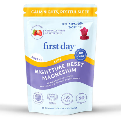 FIRST DAY Kids Magnesium Citrate Gummies (Ages 4+) with No Melatonin | Calm Kids Magnesium Gummies | Bedtime Supplement for Better Sleep with Suntheanine FIRST DAY