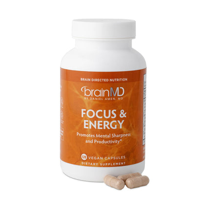 BRAINMD Dr Amen Focus & Energy - 120 Capsules - Mental Endurance Booster, Promotes Concentration & Attention - Caffeine Free, Gluten Free - 30 Servings