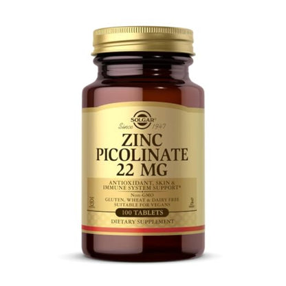 Solgar Zinc Picolinate 22 mg, 100 Tablets - Promotes Healthy Skin - Supports Immune System, Normal Taste & Vision - Antioxidant – Non-GMO, Vegan Solgar
