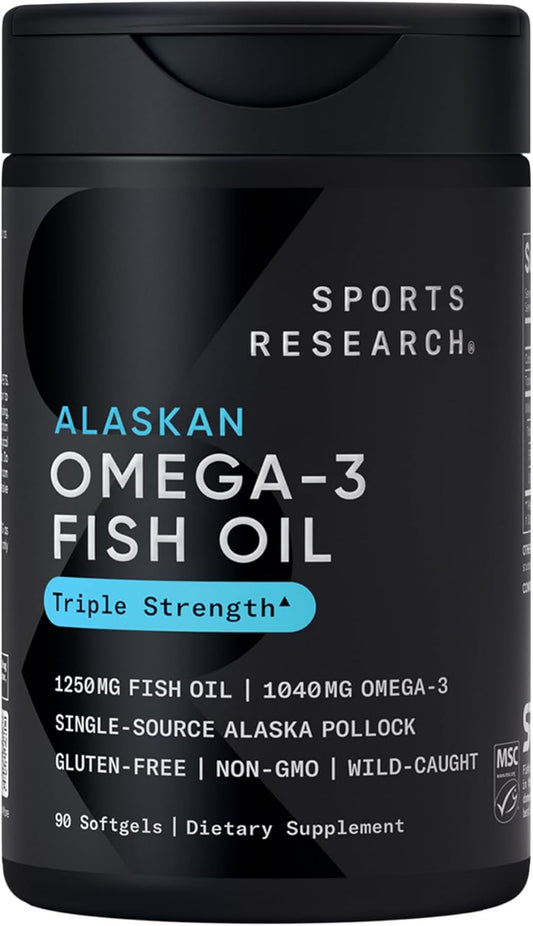 Sports Research® Omega-3 Fish Oil 1250mg from Wild Alaska Pollock, 90 Count | Always Fresh Never Fishy | 690mg EPA 260mg DHA per Softgel · Heart & Brain Health* · MSC Certified Sustainable - 90 Servings Gsupps Australia