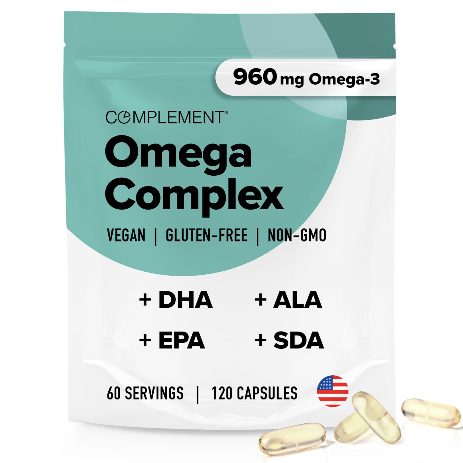 Complement Vegan Omega 3 Supplement- 960mg Omega-3 Fatty Acids, DHA, EPA, SDA, ALA Supplement - Immune Support- 60 Servings, 120 Liquid Capsules Complement buy australia supplements