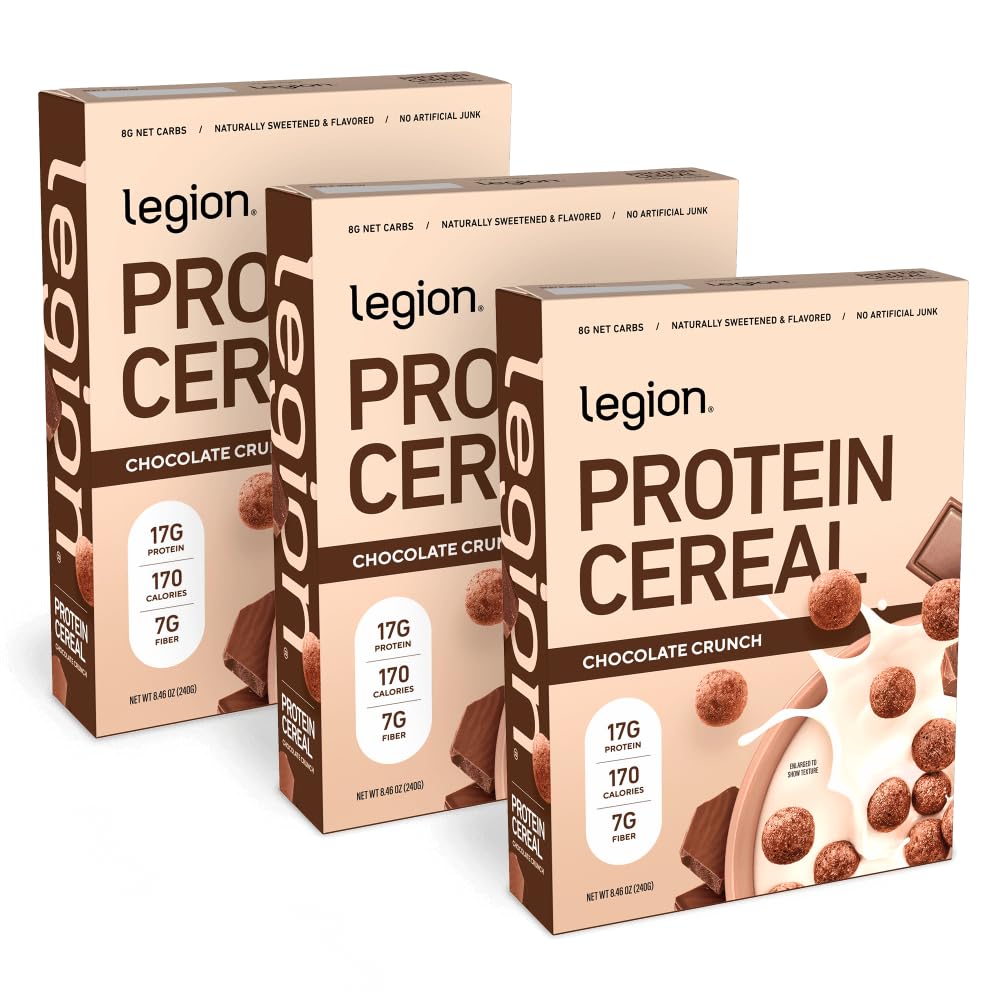 Legion Protein Cereal with 17g Milk Protein – Naturally Sweetened, High-Fiber Breakfast Cereal – Gluten-Free, Soy-Free, Lab-Tested for Purity – Variety 3 Pack for Adults & Athletes