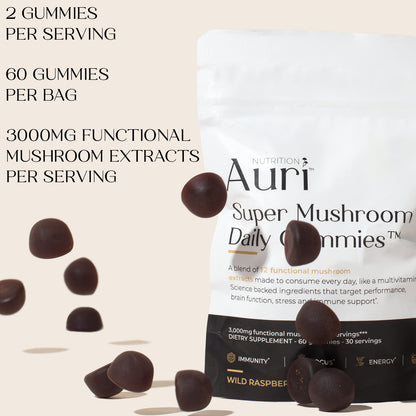 Auri Nutrition Super Mushroom Daily Gummies – All-in-One Functional Gummy with 12 Mushroom Blend Including Lion’s Mane Auri