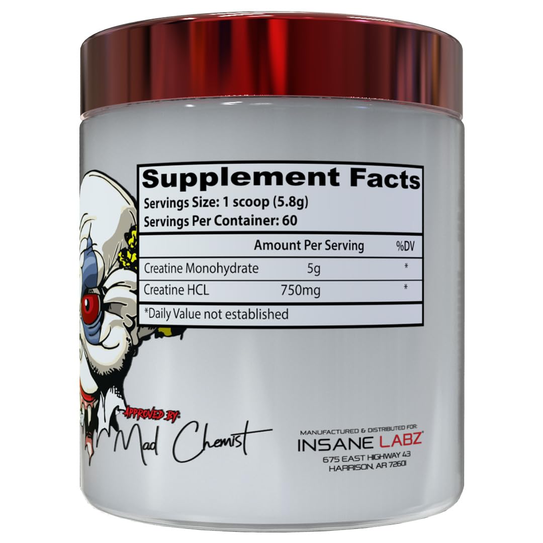 Insane Labz Crea-2 Creatine Monohydrate (5g) and Creatine HCl Powder (750mg) - Unflavored, Supports Increased Strength, Size and Power, 60 Servings