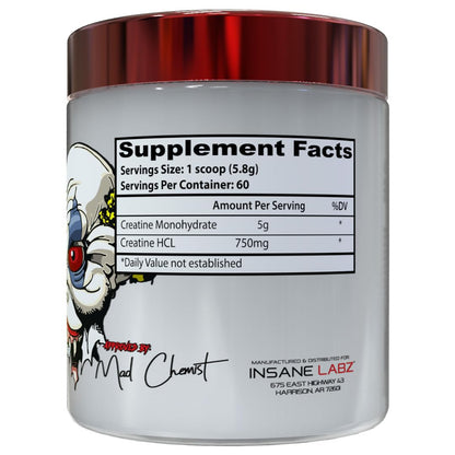 Insane Labz Crea-2 Creatine Monohydrate (5g) and Creatine HCl Powder (750mg) - Unflavored, Supports Increased Strength, Size and Power, 60 Servings