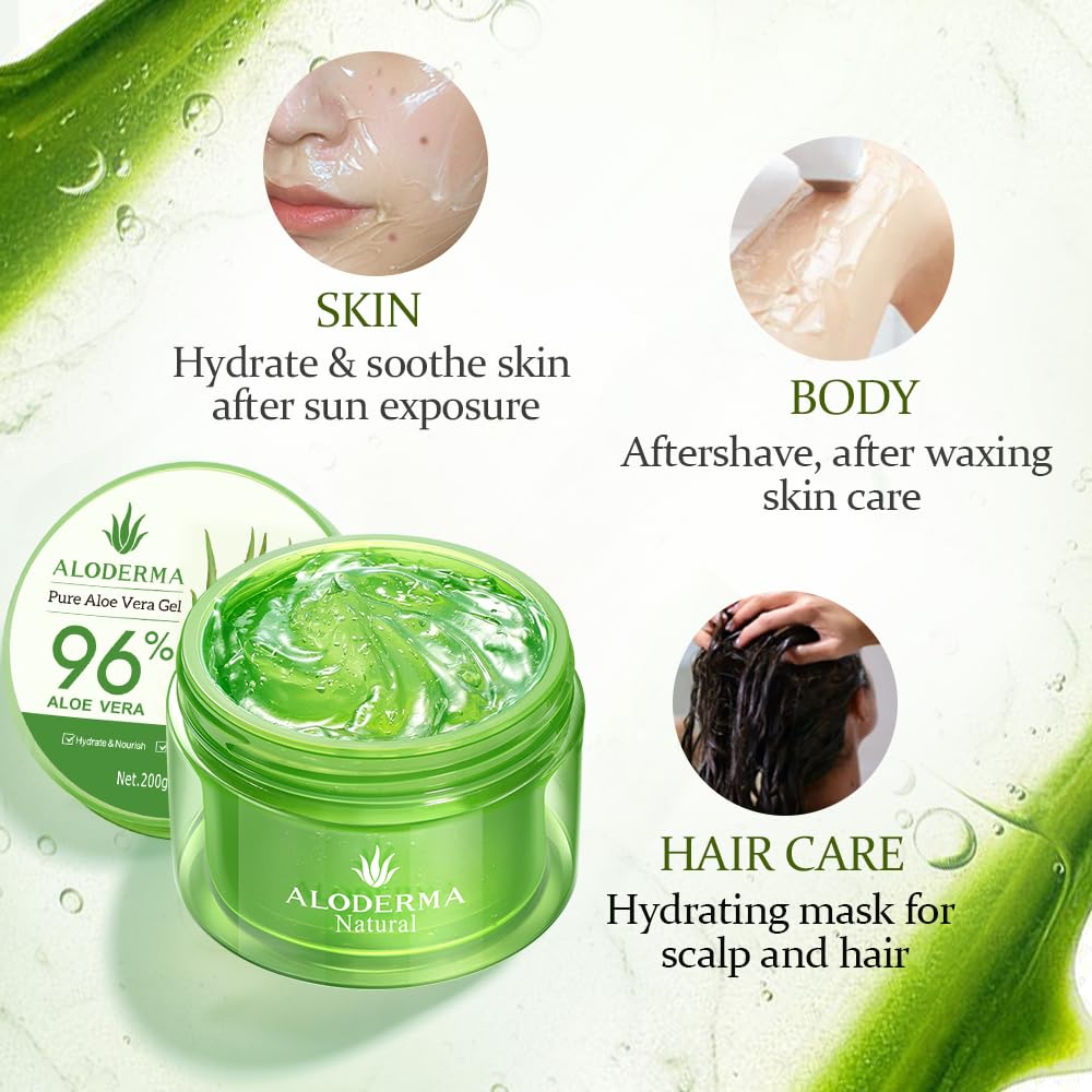 Aloderma Aloe Vera Gel Made within 12 Hours of Harvest with 96% Pure Organic Aloe Vera for Skin, Scalp, & Hair, Soothing Aloe Face Moisturizer, Multipurpose, Hydrating Aloe Gel, 7.05oz Aloderma