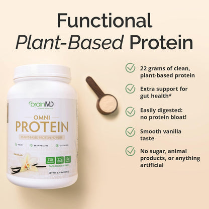 BRAINMD Dr Amen OMNI Protein Vanilla - 2.38 lbs - Plant-Based Protein Powder - Promotes Energy & Exercise Recovery - Vegan, Vegetarian, Sugar Free, Gluten Free - 30 Servings